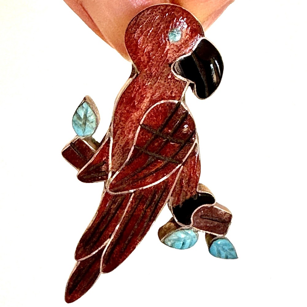 Zuni Parrot Pendant Brooch Red Apple Coral Natawa Turquoise Sterling Native Amer